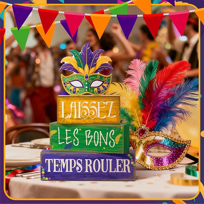 4 Pcs Mardi Gras Wooden Tabletop Decor Tiered Tray Decor Centerpiece Rustic Decorative Block Signs Gift Farmhouse Table Decoration for Home Kitchen