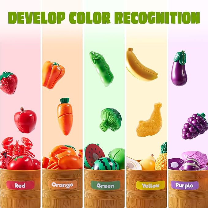 JOYIN Learning Toys Play Food Set for Toddlers, Cutting Food for Preschool Activities, Play Kitchen Accessories, Educational Toys, Color Sorting Set for Boys & Girls, Gifts for Christmas