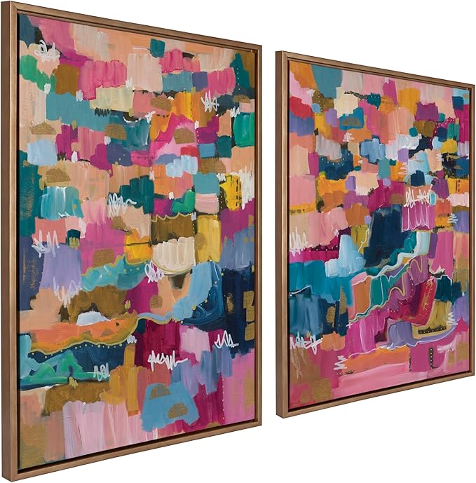 Kate and Laurel Sylvie Applause Framed Canvas Wall Art Set by Leah Nadeau; 2 Piece Set 28x38 Gold; Colorful Abstract Art Set for Wall