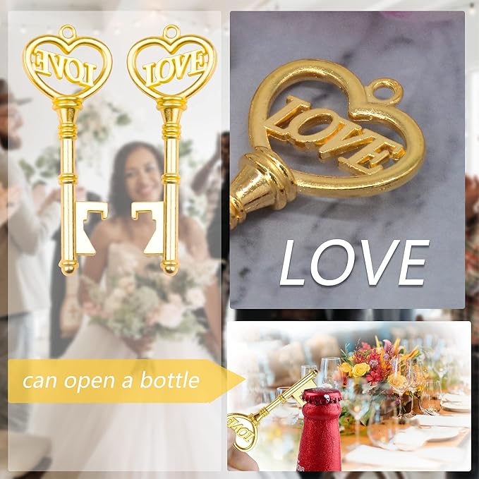 Aokbean 50 pcs Vintage Skeleton LOVE Key Bottle Openers Pillow Candy Box Escort Thank You Tag French Ribbon Wedding Souvenir Gift for Guest (Gold)