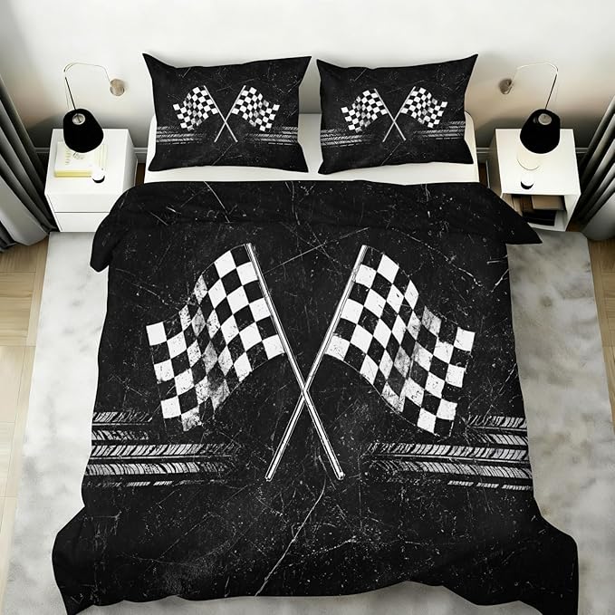 Racing Flag Bedding Set Oversized King Vintage Racing Checkered Flag Duvet Cover Retro Race Track Comforter Cover Race-Themed Teen Bed Set with Pillowcases for Bedroom
