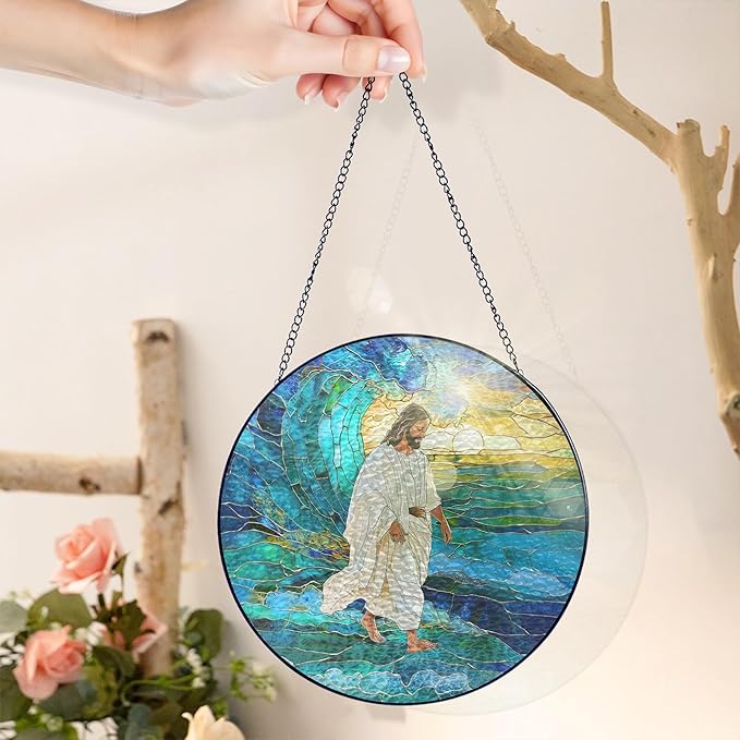FLAGWIX Christmas Christian Gifts for Women Faith - Stained Glass Window Hanging 10 in - Catholic Religious Gifts for Women, Christian Sun Catchers Indoor for Home Garden Decor, Christmas Decorations