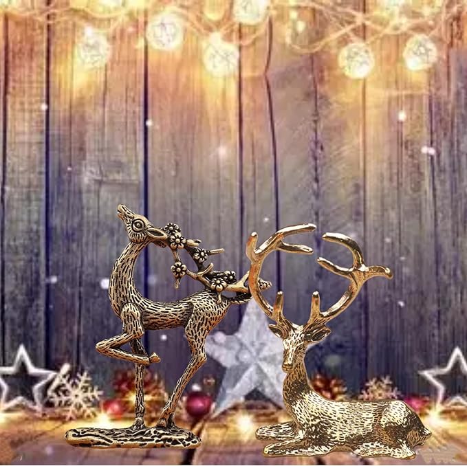 Christmas Brass Deer Figurines,Mini Solid Brass Statue,2Pcs Miniature Deer Statues for Christmas Decor, Home Decorations