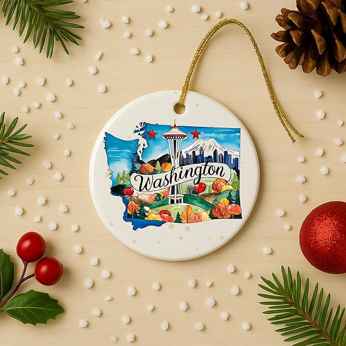 USA State Landmark Ceramic Ornament – Round Glossy Christmas Decoration Featuring U.S. State Art, Landmarks & Holiday Scenery – Collectible Travel Souvenir Ornament Series (Washington)