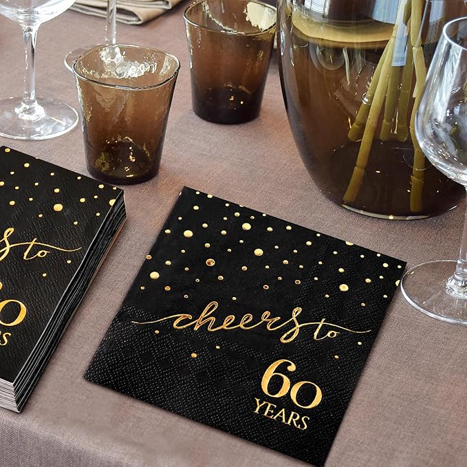 100 Pack of 60th Birthday Napkins, Cheers to 60 Cocktail 5x5 Inches Party Paper Napkins for Birthday Decorations Wedding Anniversary Black and Gold, 3-Ply