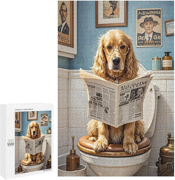 Funny Wooden Puzzle - Goldendoodle on Toilet Reading Newspaper Puzzle for Adult 1000 Piece，Wooden Jigsaw Puzzles Art Leisure Game Fun Suitable Family Friends Educational Learning Games Gift