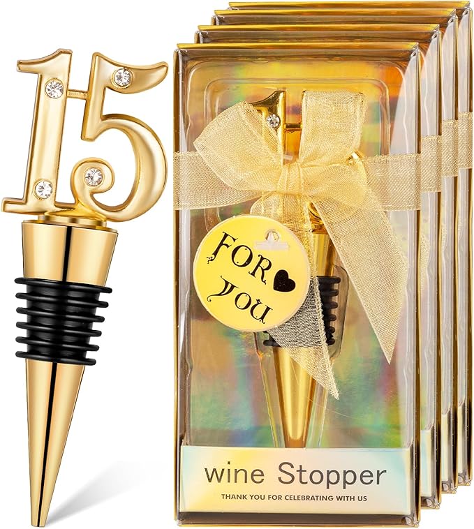 24Pack 15 Wine Bottle Stopper for 15th Birthday Party Favors, Quinceañera Party Favors 15 years old Wedding Anniversary Souvenirs or Decorations, Gift for Guests