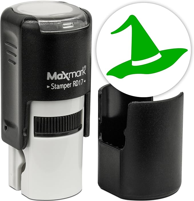 MaxMark Round Self Inking Halloween Stamp - Hat - Green Ink
