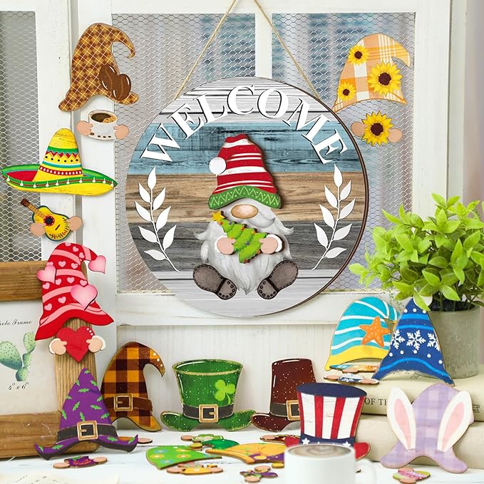 Qunclay Interchangeable Wooden Gnome Decor Holiday Seasonal Gnome Decorations with Magnet Pieces and Detachable Hats Changeable Welcome Sign for Home(Antique Style)