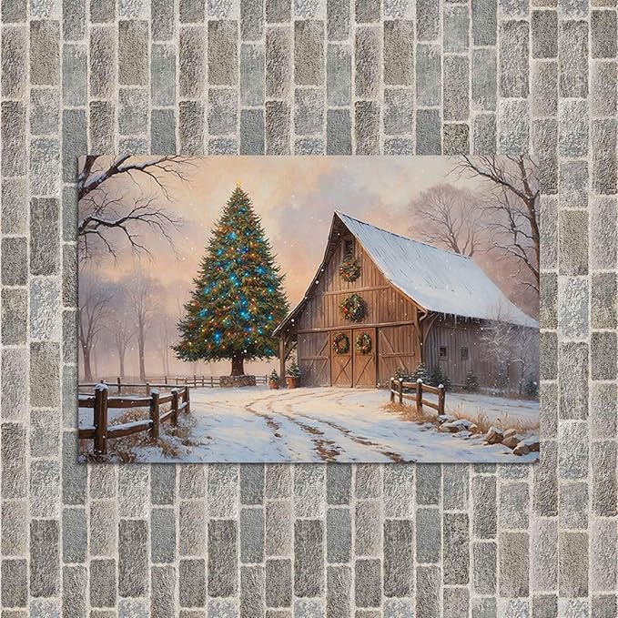 Vintage Sunset Winter Barn Print Country Farm Nature Scenery Decorative Painting Suitable for Home Decor Bathroom Bedroom Living Room Decor20x30in(50x75cm)- Unframed