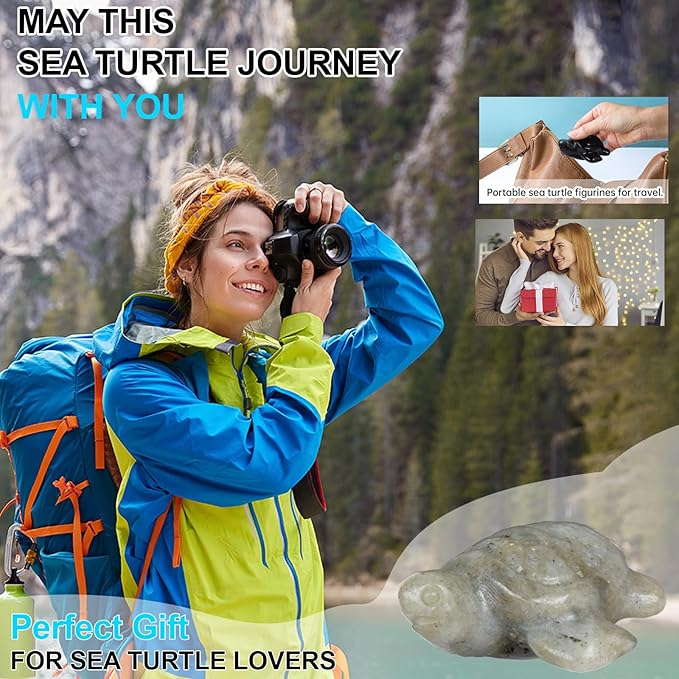 Crystal Travel Sea Turtle Figurines, Labradorite Sea Turtle Travel Gifts for Women Men Travelers, Hand Carved Good Luck Charm, Spiritual Companion Collectible Animal Statue Decors 2.1”