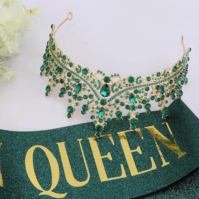 COCIDE Green Birthday Queen Sash for Women Happy Birthday Crowns Princess Tiaras Sashes for Girl Crystal Party Decorations Rhinestone Headband Supplies Decor