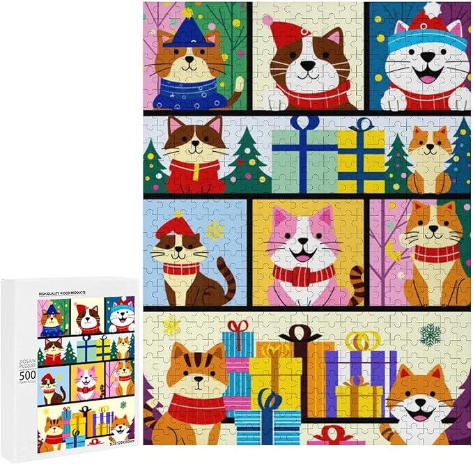 Wooden Puzzle 500 Pieces Adult - Christmas Dog Cat Puzzle Christmas Puzzles, Holiday Puzzles, Family Toys, Party Games, Jigsaw Puzzle Challenge and Funny