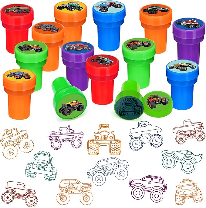 Cinrobiye 24 PCS Monster Truck Party Stampers，Truck & Car Birthday Favors, Hot Wheels Party Supplies, Classroom Rewards, Carnival Prizes, Goodie Bag & Pinata Fillers for Boys Girls
