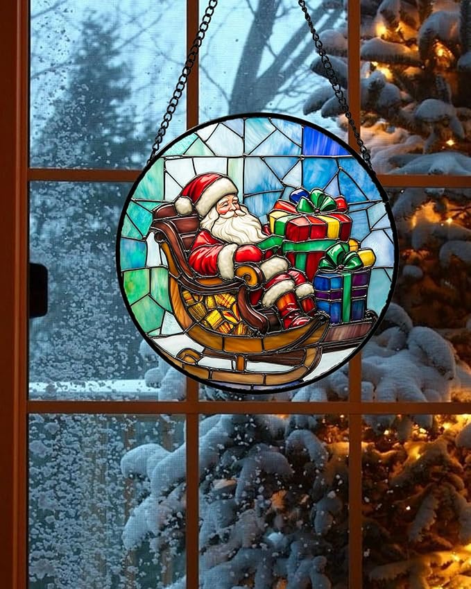 Stained Glass Window Hanging - Santa Claus Gift BoxSuncatcher for Doors Home Christmas Decoration Winter Sun Catcher Thanksgiving New Year Birthday Gift for Women Men Mom Nana 9.8 in