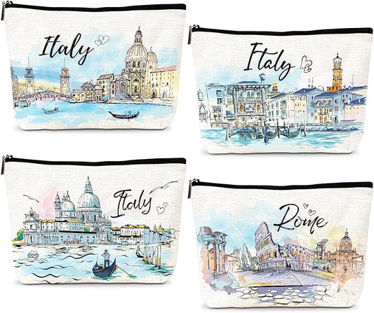 Italy Travel Essentials Gifts - 4Pcs Italy Themed Makeup Bag, Italy City Travel Watercolor Cosmetic Bags with Zipper, Italy Vacation Trip Gifts for Italy Lovers Travellers Women Girls