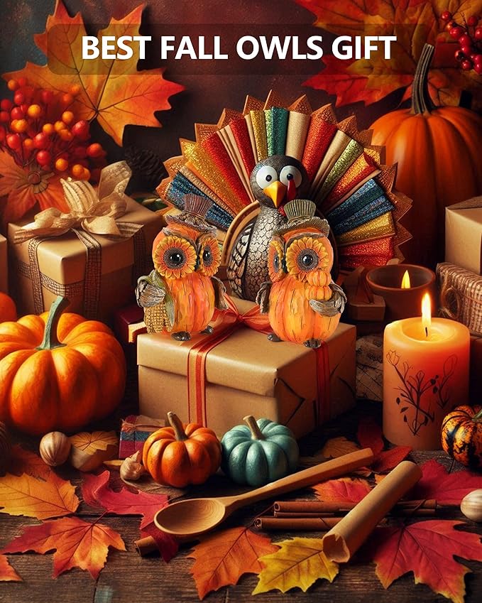 2-Pack Resin Thanksgiving Owl Figurine 4.7'' - Thanksgiving Table Decor Haverst Pumpkins Corns Decorations Indoor Autumn Centerpieces Favors Gifts for Women All Ages (Owls)