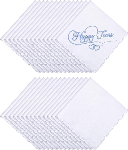 Kinlop Scalloped White Handkerchiefs for Women Men Bulk Cotton Hankies Pocket for Shower Gift Wedding Party Favor