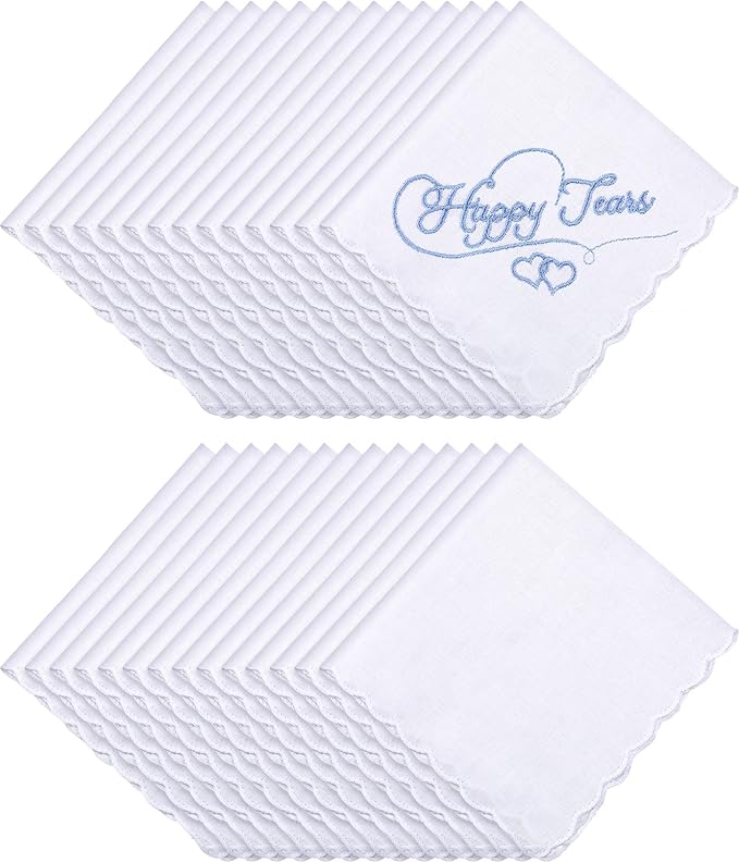 Kinlop Scalloped White Handkerchiefs for Women Men Bulk Cotton Hankies Pocket for Shower Gift Wedding Party Favor