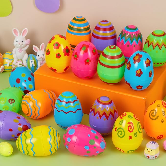 JOYIN Toy 24 PCs Plastic Printed Bright Easter Eggs, Over 3.15'' Tall Fillable Empty Eggs Bulks for Easter Hunt, Basket Stuffers Fillers, Classroom Prize Supplies, Filling Treats and Party Favor