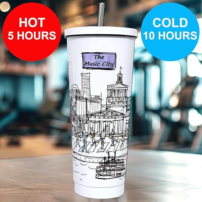 Cities Around the World 25 Oz Tumbler Series- Designed in the USA- Vacuum Insulated Tumbler with Lids Straw - Stainless Steel Coffee Water Travel Mug, Cup for Hot Cold Drink (Nashville)