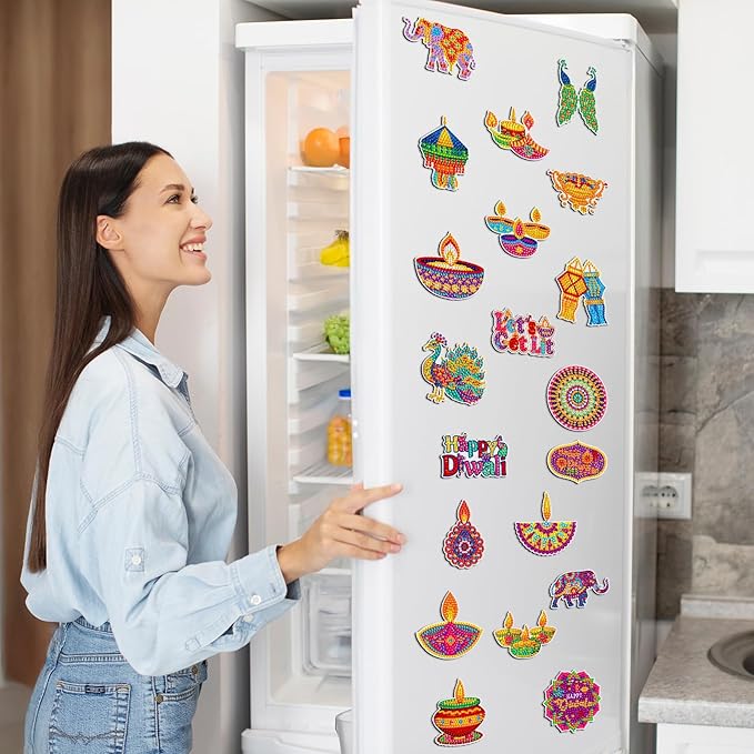 Copkim 30 Pcs Diwali Diamond Art Magnets Kits DIY Happy Diwali Festival Diamond Painting Fridge Magnetic Stickers Gem Art Magnets for Indian Holiday Party Decor Home