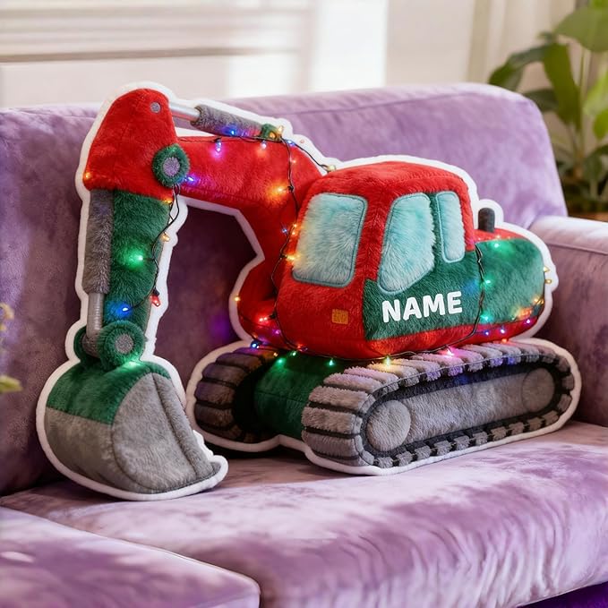 Personalized Excavator Shaped Pillow, Custom Name Plush Stuffed Pillows, Suitable for Beds, Sofas, Bedrooms, Living Rooms Custom Decorative Cushion Gifts for Birthday and Anniversary