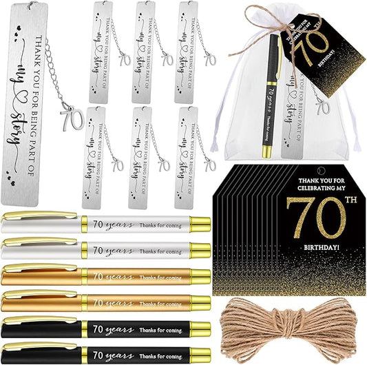 25 Sets Birthday Favors for Guests 25 Thanks for Coming Ballpoint Pens 25 Bookmarks 25 Cards with Organza Bag for Adult Birthday Anniversary Party Souvenir(Metal-70th)