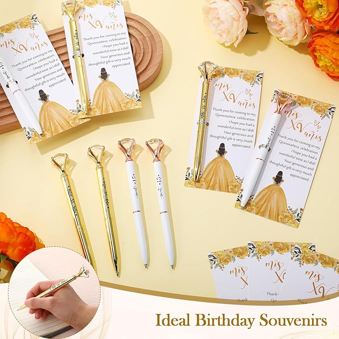 25 Set Quinceanera Party Favors for Guest Sweet 15 Diamond Pens Bulk Mis XV Años Fancy Ballpoint Pen with Thank You Cards and Ties 15th Birthday Thank You Gifts(White, Gold)