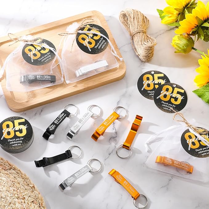 Dandat 54 Sets 85th Birthday Party Favors for Guests Birthday Opener Keychain Cheers to 85 Bottle Opener Keychain with Thank You Cards and Gift Bags for Anniversary Wedding Party Favors