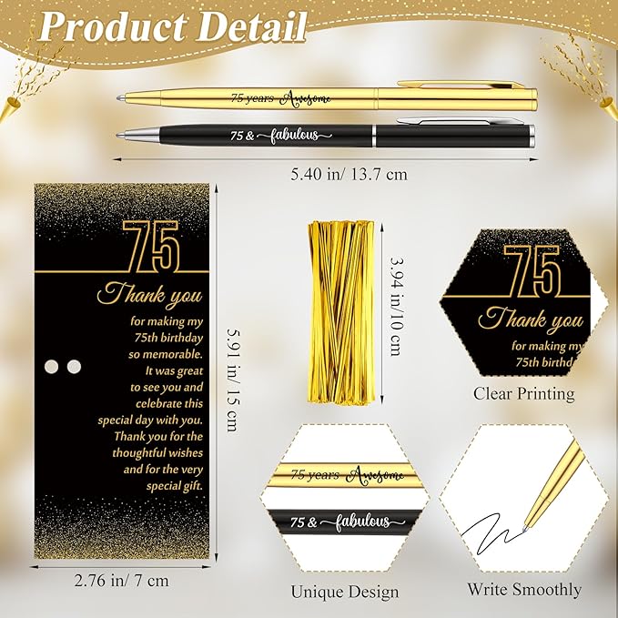 25 Sets 75th Birthday Themed Party Favors for Guests Including Birthday Ballpoint Pens and Black Gold Thank You Cards for Guests Anniversary Appreciation Gifts