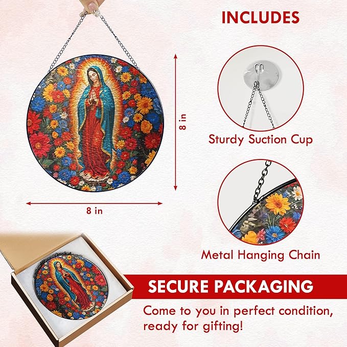 FLAGWIX Christian Gifts for Women - Virgen De Guadalupe Stained Glass Window Hanging 8 in - Religious Gifts for Women, Our Lady of Guadalupe Sun Catchers Indoor Window for Hanging Decor