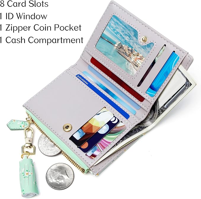 GEEAD Small Wallets for Women Bifold Slim Coin Purse Zipper ID Card Holder PU Leather Printed Blue Daisy
