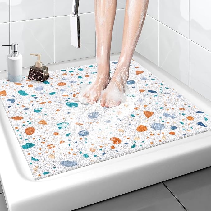 Shower Mat Non Slip - 32x32 Inch Soft Comfort Bath Mat with Drainage Holes, PVC Loofah Massage Bathmat for Shower, Tub, Bathroom, Wet Areas, Quick Drying