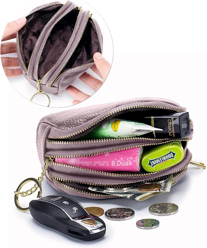LINNO 3 Zippered Genuine Leather Coin Purse Triple Capacity Change Pouch Little Travel Wallet With Key Ring for Women