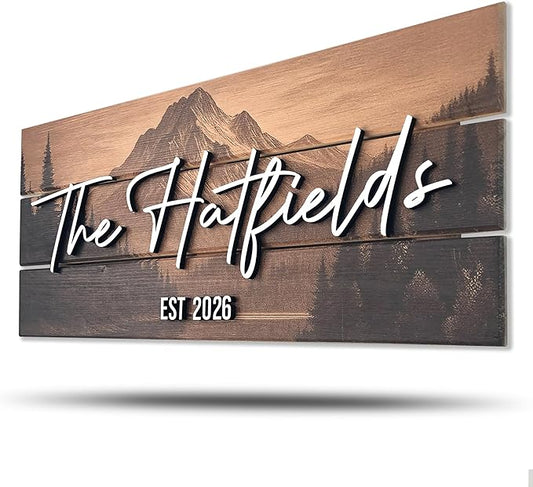 Custom Mountain Family Name Sign - Rustic Wood Wall Decor, Personalized Wedding & Gift for Couples Anniversary, Housewarming Gift for New Home (Medium)