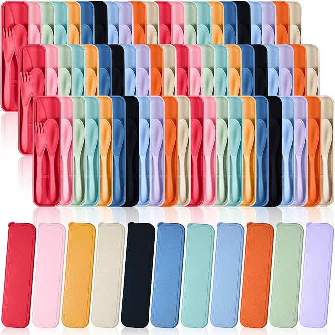 Yahenda 77 Sets Reusable Travel Utensils Set with Case Wheat Straw Cutlery Portable Spoon Knife Forks Plastic Tableware Lunch Box Accessories Bulk for Adult Travel Picnic Camping Utensil(Bright Color)