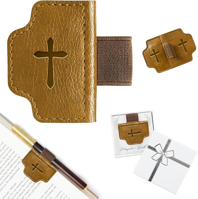 BygoneMark Magnetic Leather Bookmark with Pen Holder, Personalized Custom Initial Page Marker & Pen Clip, Professional Book Accessory for Students (Light Brown-Cross)