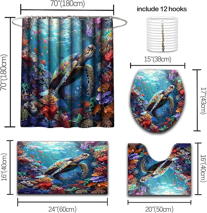 Turtle Shower Curtains for Bathroom - 4 Pcs Kids Shower Curtain Set Ocean Shower Curtains for Bathroom Sea Turtle Shower Curtain Set with Rug,Toilet Cover and Bath Mat with 12 Hooks