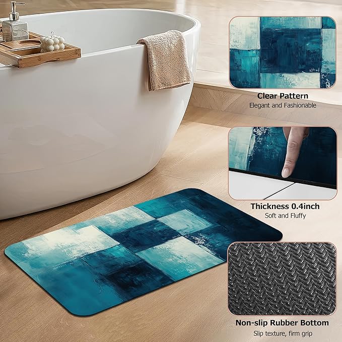 Diatomaceous Earth Bath Mat,Art Painting Bath Rugs,Grey Blue Non-Slip Thin Absorbent Fast Drying Easy to Clean for Bathroom Laundry Home Kitchen Door Mat 17x29.5Inch