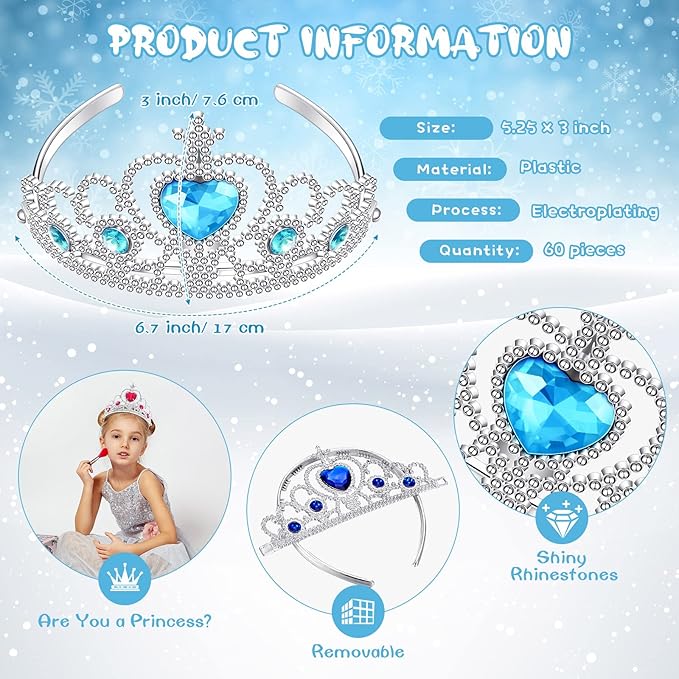 Bonuci 60 Pack Kids Tiara Crown Set Dress up Costume Party Accessories Princess Crown with Heart Stones Plastic Headband for Little Girls Women Toddler Birthday Valentine Favors