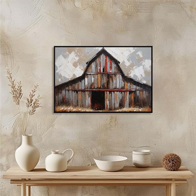 Vintage shabby barn print rural farm natural scenery decorative painting suitable for home decoration bathroom bedroom living room decoration16x24in(40x60cm)- Black Framed