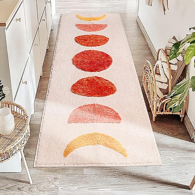 UKELER Bohemian Laundry Room Rug Non Slip Boho Kitchen Rug Runner Soft Fluffy Accent Bedroom Bedside Rugs Living Room Rugs Washable Absorbent Bath Mat for Bathroom, Tub, Beige, 60x20 Inch