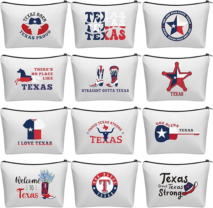 12 Pcs Texas Souvenirs Gifts Novelty Cosmetic Makeup Bag Gift Red White Blue Zipper Pouch Bag Texas State Independence Day Gifts for Women Home Birthday Party Favors