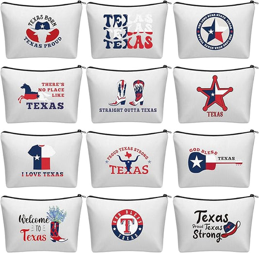 12 Pcs Texas Souvenirs Gifts Novelty Cosmetic Makeup Bag Gift Red White Blue Zipper Pouch Bag Texas State Independence Day Gifts for Women Home Birthday Party Favors