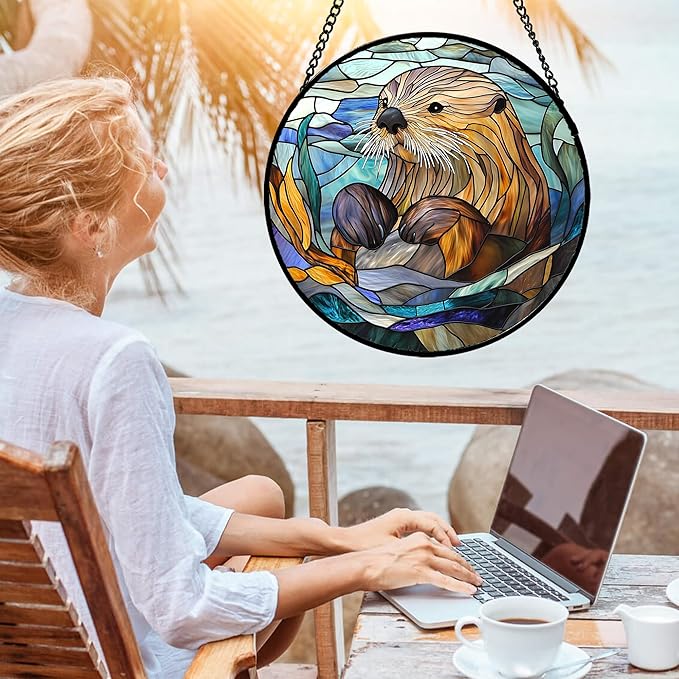 Stained Glass Suncatcher, Blue Ocean Cute Sea Otter Sun Catcher Stain Glass Window Hanging Decoration Mother's Day Birthday Gifts for Women Men Mom Nana 7.8 in