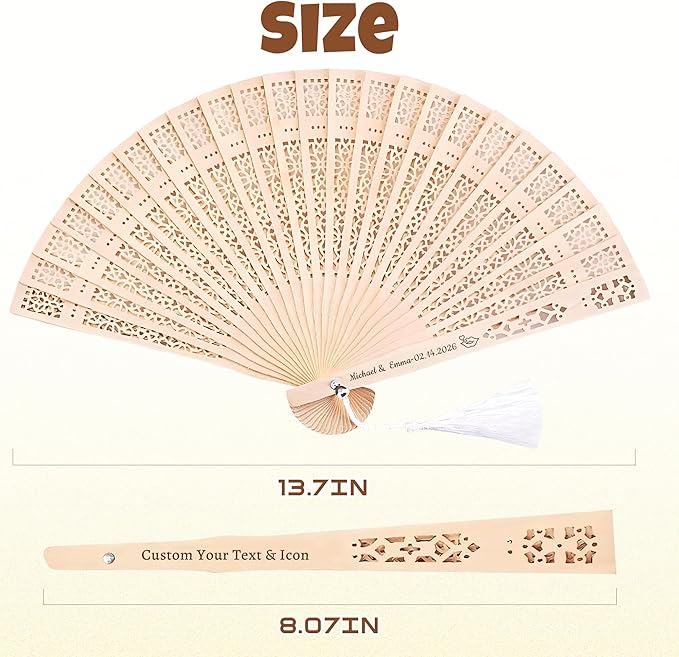 50 Pcs Personalized Sandalwood Wood Handheld Folding Fans with Organza Bags Wedding Fans Custom Name Text Icon Gift for Wedding Graduation Party Guests Baby Shower (50)