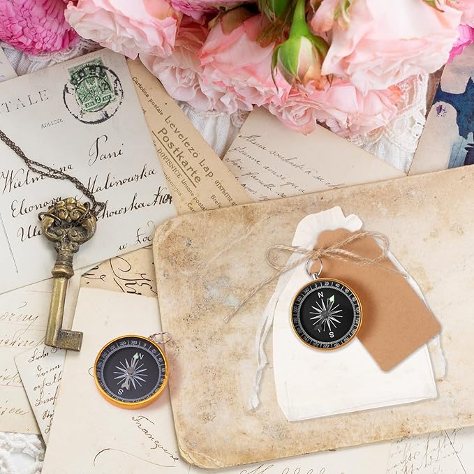 TaoBary 60 Pcs Compasses Valentines Day Wedding Party Favors Set, 2026 Mini Compass Souvenir Nautical with Kraft Tags and Organza Bag for Guests Birthday Nautical Travel Party Souvenir Gift(Gold)