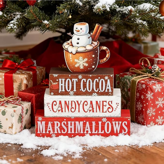 4 Pieces Christmas Hot Cocoa Wooden Table Decorations, Rustic Wooden Blocks and Cocoa Sign for Tiered Tray, Tabletop Centerpieces, Desk, Kitchen, Shelf Decor, Holiday Gift Idea