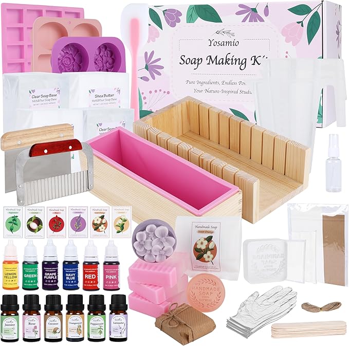 Yosamio Ultimate Soap Making Kit for Adults - Professional 42OZ Silicone Loaf Mold w/Wood Box & 2 Stainless Steel Cutters - 4lbs Natural Soap Base, 12 Oils/Dyes & Stamp - Deluxe DIY Craft Gift Set